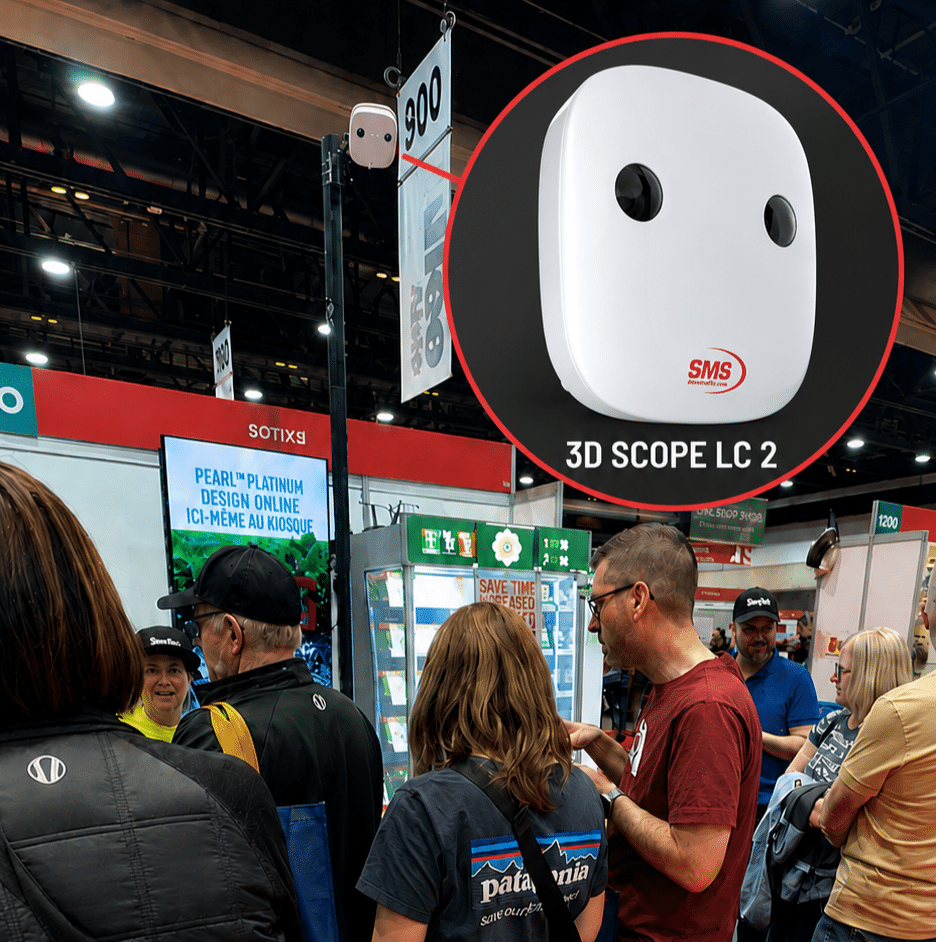 The 3D Scope LC 2 mounted above a trade show booth, with a detail callout of the camera unit