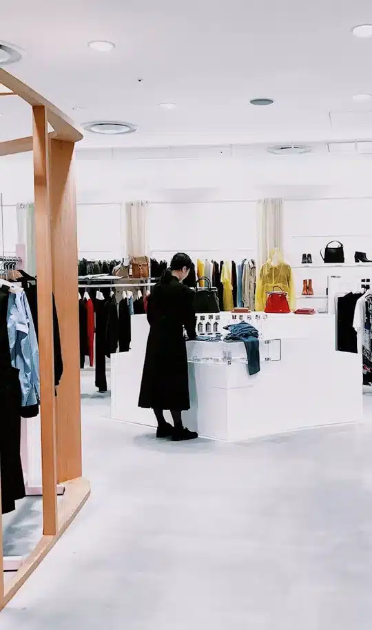Bright clothing boutique with wooden display racks and a shopper at the counter