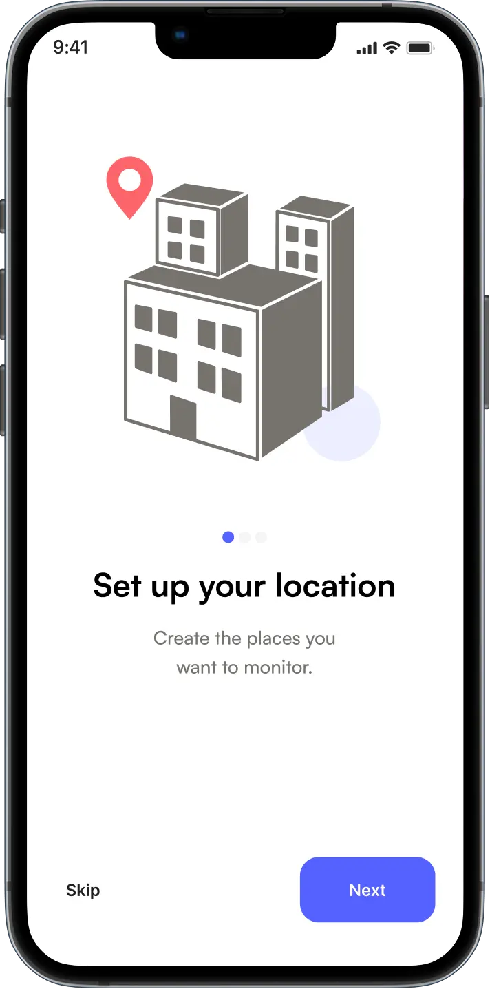The SMS Storetraffic app's Set up your location screen, with a building illustration and a map pin