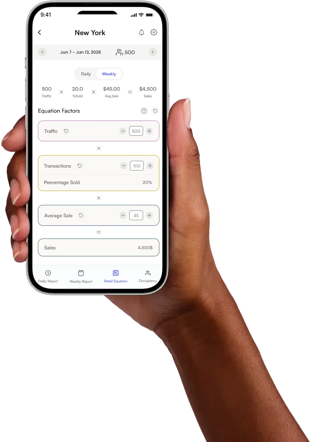 A hand holding an iPhone with the Retail Equation simulator of the SMS Storetraffic app open: traffic, transactions, percentage sold, average sale and sales