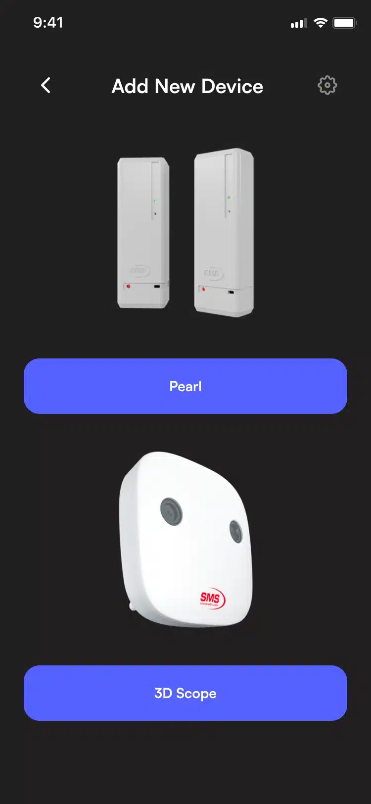 The Add New Device screen of the SMS Storetraffic app in the dark theme, with Pearl and 3D Scope