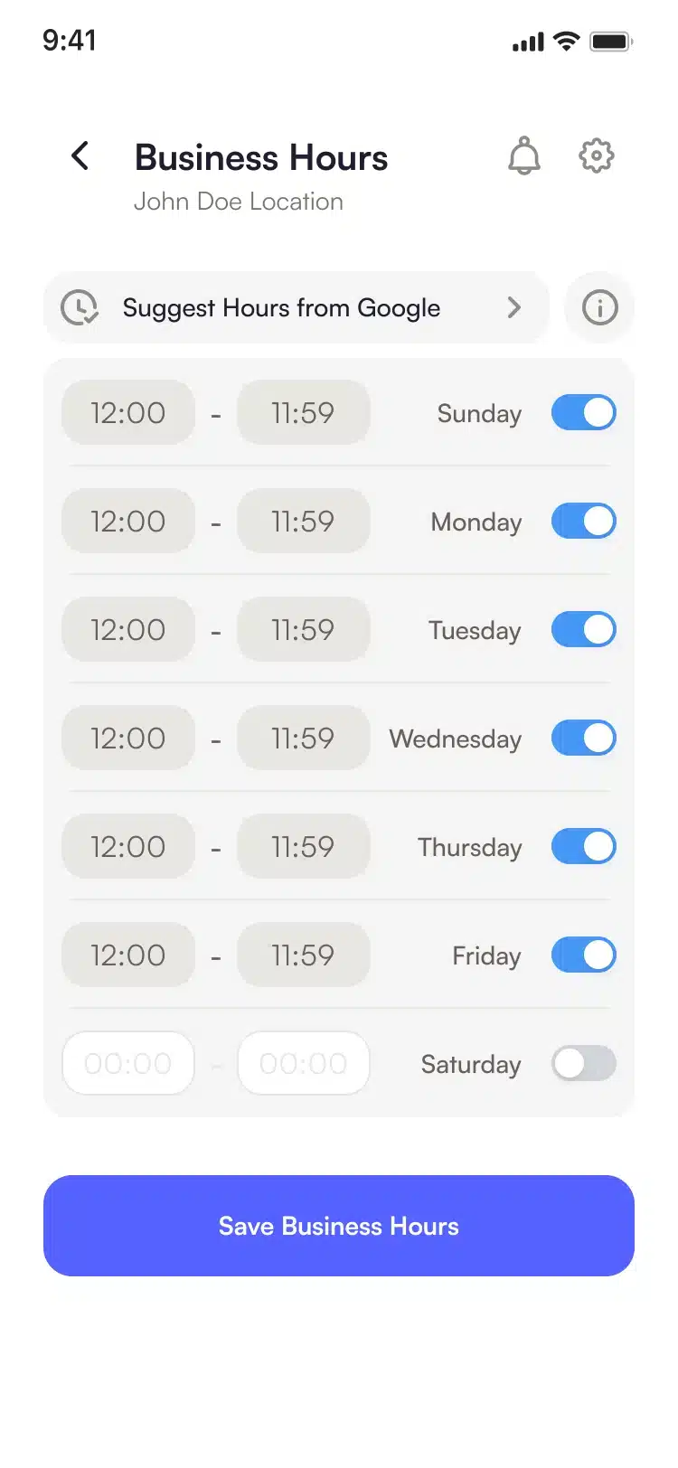 The Business Hours screen of the SMS Storetraffic app, with Suggest Hours from Google and the opening hours of each day
