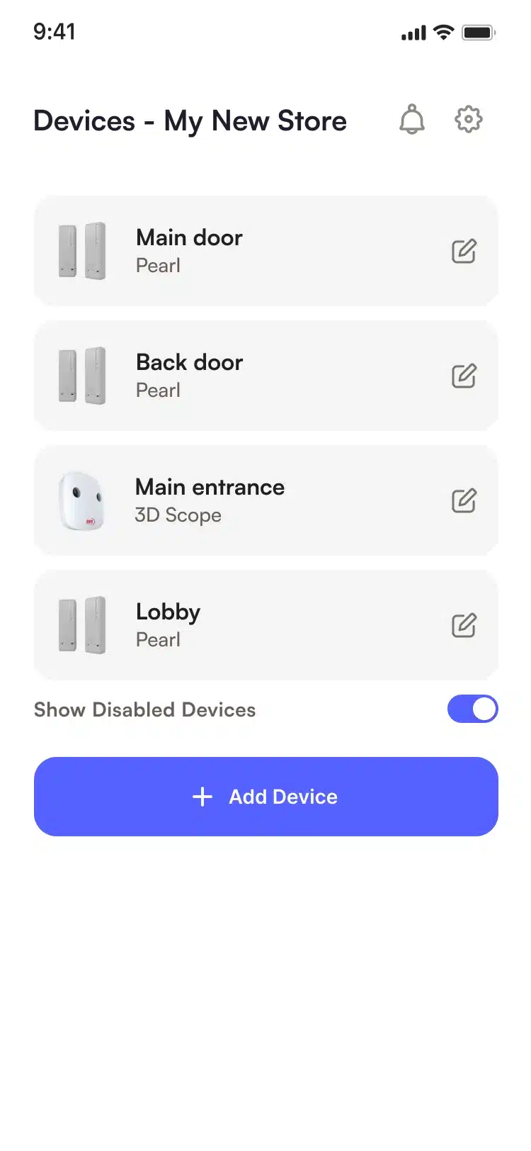 The Devices List of a location in the SMS Storetraffic app, with PEARL and 3D Scope counters and an Add Device button
