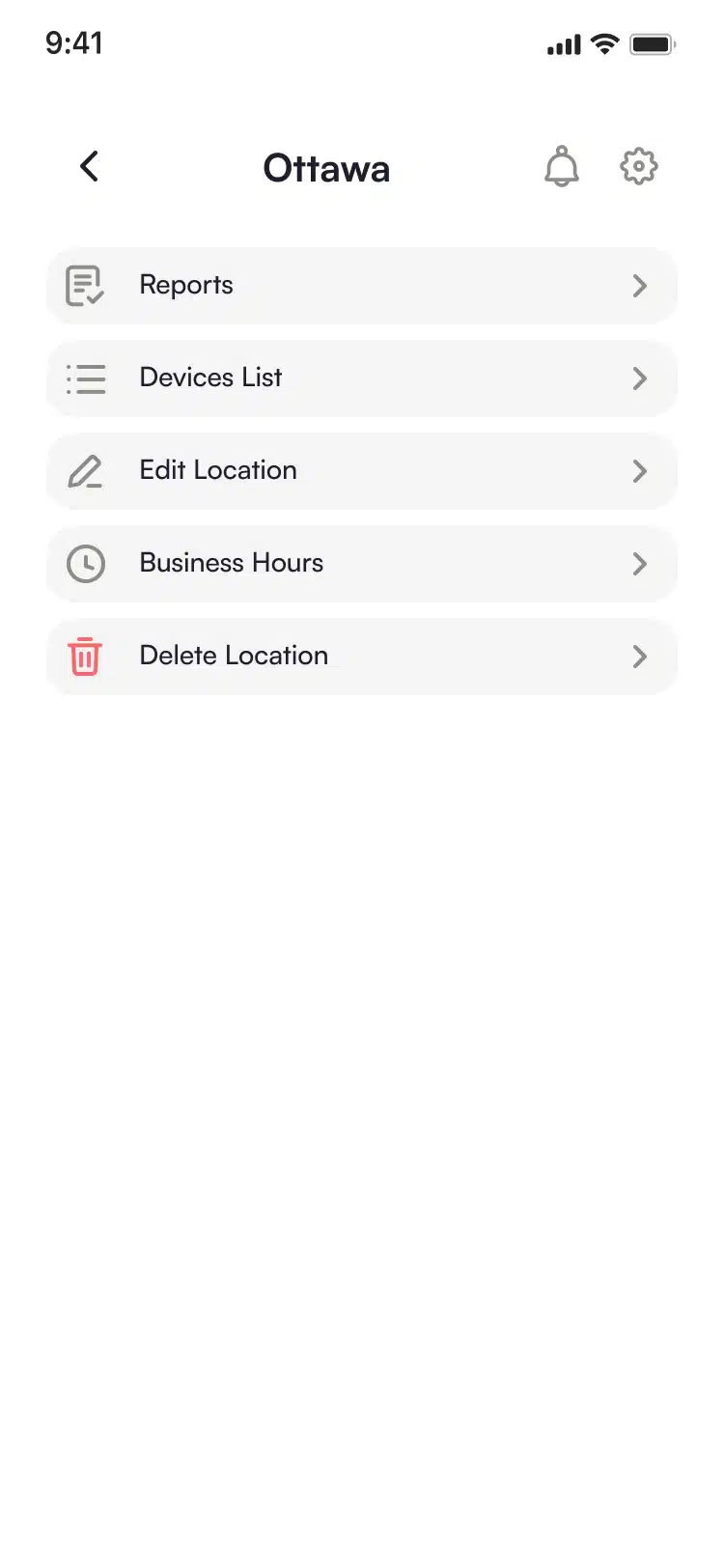 A location’s menu in the SMS Storetraffic app: Reports, Devices List, Edit Location, Business Hours and Delete Location