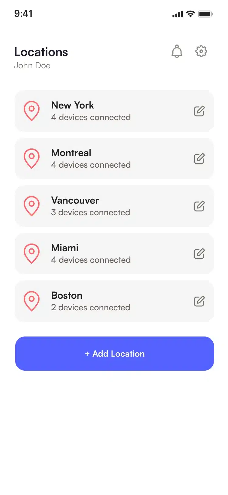 The Locations screen of the SMS Storetraffic app, listing each location with its number of connected devices and an Add Location button