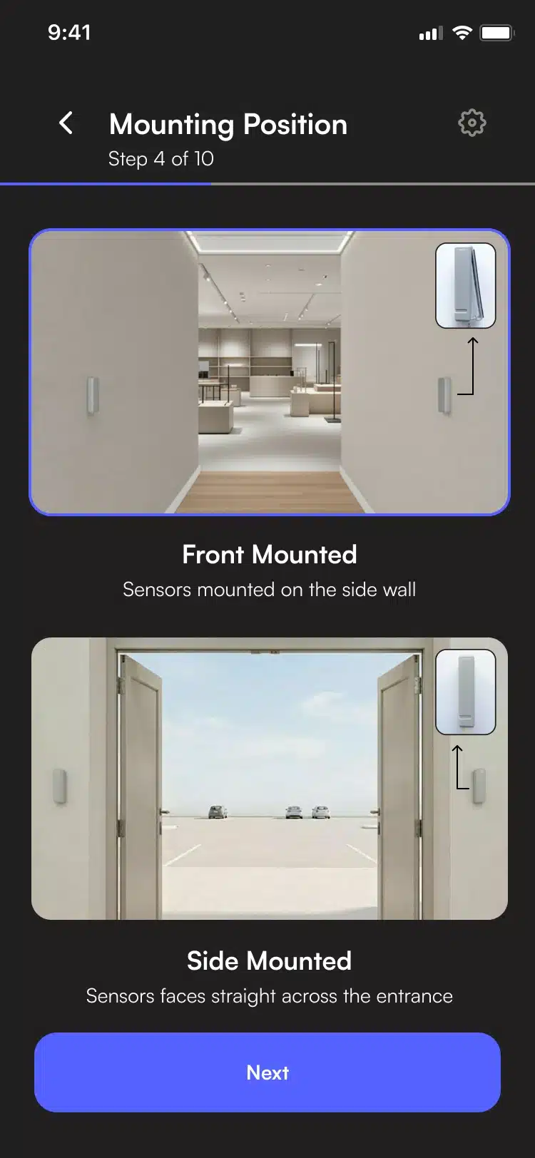 Step 4 of 10 of the PEARL setup in the SMS Storetraffic app, dark theme: choosing the mounting position