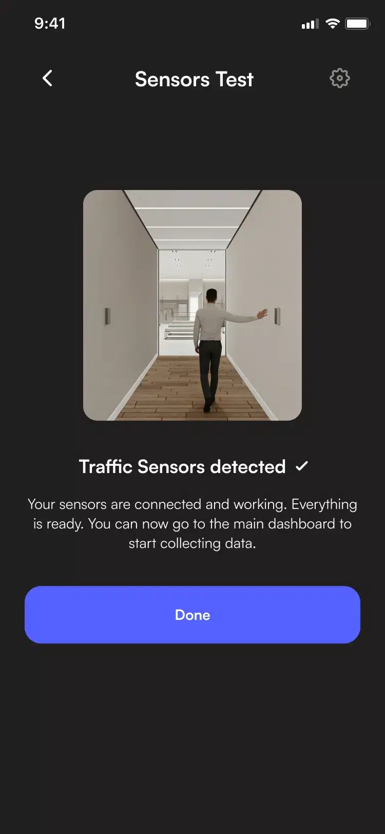 The Sensors Test screen of the SMS Storetraffic app, dark theme: traffic sensors detected