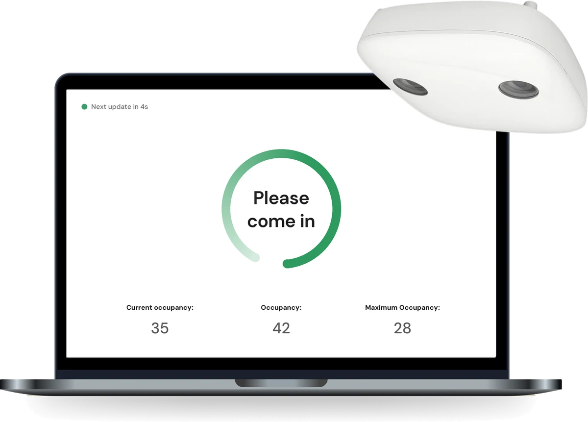 Laptop showing a live occupancy screen next to a 3D SCOPE II LC ceiling-mounted people counter