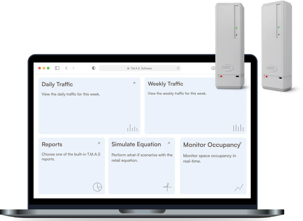 Laptop showing the T.M.A.S. dashboard next to two PEARL wireless people counter sensors
