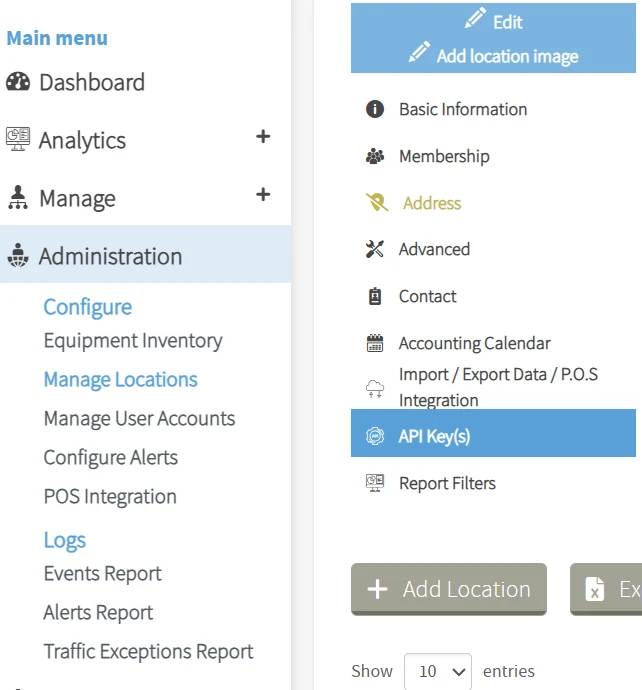 T.M.A.S. administration menu with Manage Locations selected and the API Key(s) page highlighted